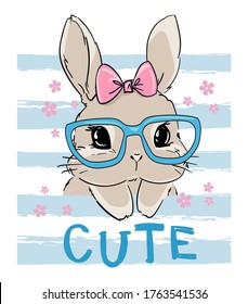 Cute rabbit in glasses. Print design for textiles, baby clothes, banner. Vector