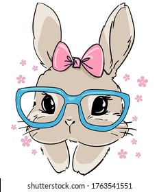 Cute rabbit in glasses. Print design for textiles, baby clothes, banner. Vector