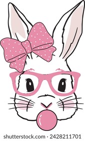 Cute Rabbit with Glasses Retro Bubble Gum Pink Bow Tie Easter Bunny T shirt Design