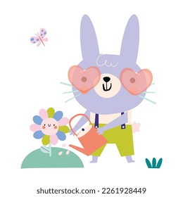 A cute rabbit with glasses and a watering can waters a flower. Spring cartoon illustration