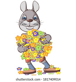 Cute rabbit goes on a date with a bouquet of flowers. Little cute rabbit is standing and smiling. Small animals evoke emotions and joy. Vector hand drawn illustration