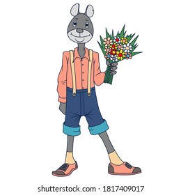 Cute rabbit goes on a date with a bouquet of flowers. Little cute rabbit is standing and smiling. Small animals evoke emotions and joy. Vector hand drawn illustration