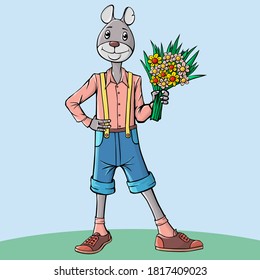 Cute rabbit goes on a date with a bouquet of flowers. Little cute rabbit is standing and smiling. Small animals evoke emotions and joy. Vector hand drawn illustration