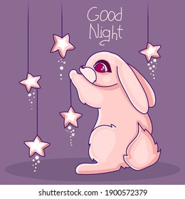A cute rabbit is going to sleep. Sweet vector picture for children. Sweet dreams gentle for children, stars, moon, bunny dream.