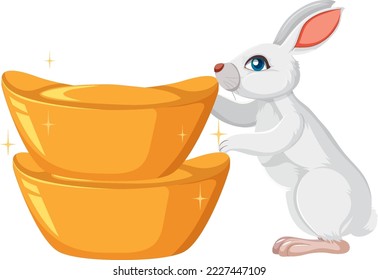 Cute rabbit with gold cartoon illustration