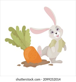 Cute rabbit in a green blouse in a cartoon style. Fluffy animal with carrot. Vector illustration isolated on white background.