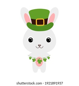 Cute rabbit in green leprechaun hat. Cartoon sweet animal with clovers. Vector St. Patrick's Day illustration on white background. Irish holiday folklore theme.