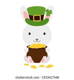 Cute rabbit in green leprechaun hat with clover holds bowler with gold coins. Cartoon sweet animal. Vector St. Patrick's Day illustration on white background. Irish holiday folklore theme.