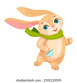 A cute rabbit in a green scarf is playing with a paper boat. Spring games on the street. Cheerful bunny. Vector illustration on a white background.