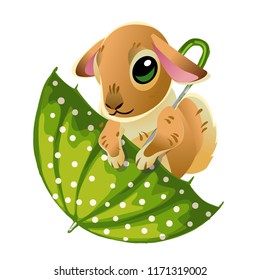 Cute rabbit in a green umbrella isolated on white background. Vector illustration of cartoon brown hare. Mid Autumn Festival collection