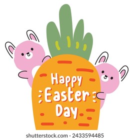 Cute rabbit greeting with big carrot on white background.Happy easter day.Rodent animal character cartoon design.Spring.Kawaii.vector.Illustration.