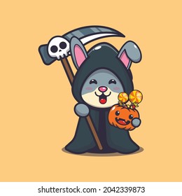 cute rabbit grim reaper holding halloween pumpkin
