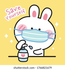 Cute rabbit hand in container with alcohol gel.Covcovid-19 virus concept.Save yourself text.Animal cartoon character design.Image for sticker,card,poster.Vector.Illustration.
