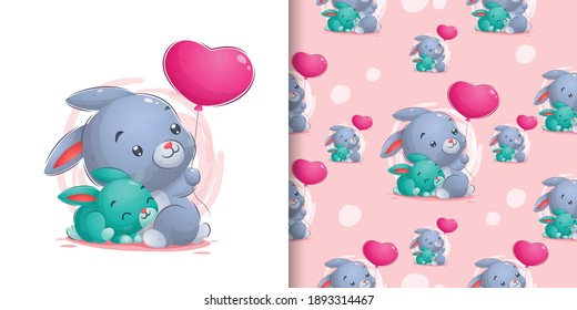 The cute rabbit hand draw with the small rabbit on in for the pattern of illustration