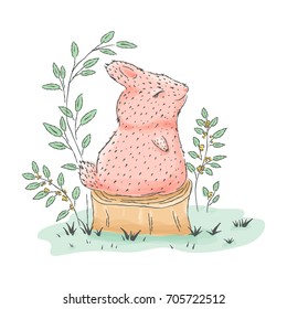  Cute rabbit hand drawn on the stump. Children's vector cartoon illustration