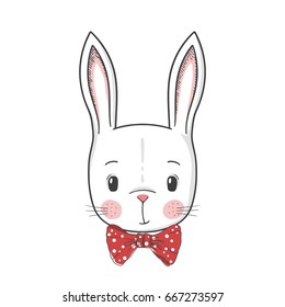 Cute rabbit. Hand drawn portrait funny bunny with bow