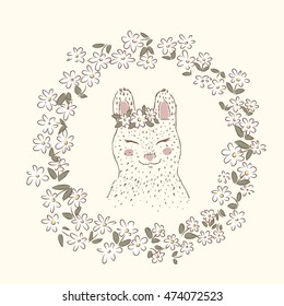 Cute rabbit hand drawn. Round frame of daisies