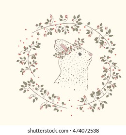 Cute rabbit hand drawn. Round frame made of raspberry