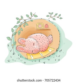 Cute rabbit hand drawn sleeping in a hole. Children's vector cartoon illustration