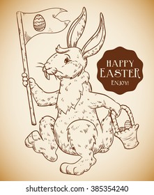 Cute rabbit in hand drawn style holding a basket with eggs and a flag announcing Easter hunting season.