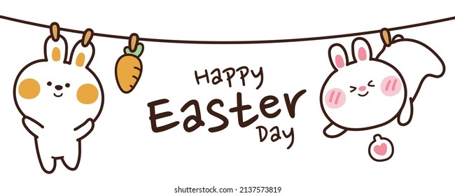 Cute rabbit hang on a rope banner. Happy easter day writing.Carrot and bunny hanging on clothes line background.Cartoon character design. Animals doodle.Can be use for card, poster. Vector. Illustration