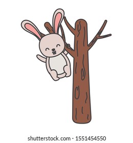 cute rabbit hanging from the tree hello autumn vector illustration
