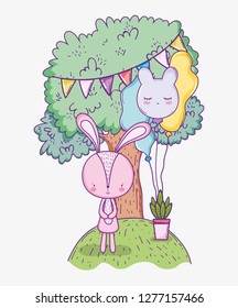 cute rabbit happy birthday with party banner in the tree