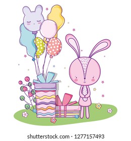 cute rabbit happy birthday with presents gifts and balloons