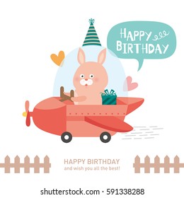 cute rabbit with happy birthday. vector illustration