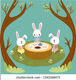 cute rabbit happy with their tea time party, vector isolated with background