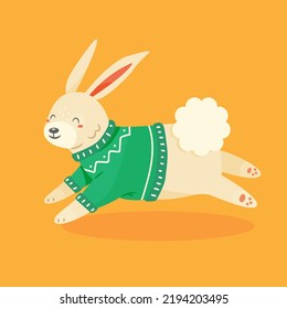 Conejo lindo o liebre en suéter navideño al estilo de las caricaturas. Carácter animal de Año Nuevo y Navidad. Ilustración aislada del vector.