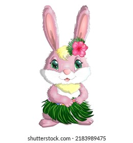 Cute Kaninchen, Hasen in hawaiianischen Kleidung tanzen Hula. Kranz und Garland von Blumen, Strand, Urlaub, Urlaubskonzept. Symbol 2023