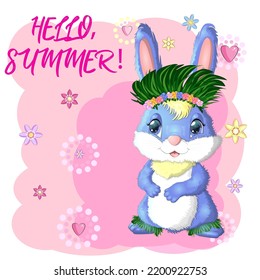 Cute rabbit, hare in Hawaiian clothes dancing hula. Wreath and garland of flowers, beach, vacation, vacation concept. Symbol of 2023