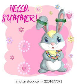 Cute rabbit, hare in Hawaiian clothes dancing hula. Wreath and garland of flowers, beach, vacation, vacation concept. Symbol of 2023