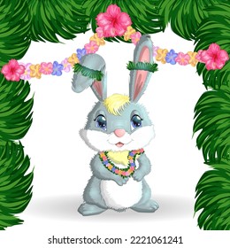 Cute rabbit, hare in Hawaiian clothes dancing hula. Wreath and garland of flowers, beach, vacation, vacation concept. Symbol of 2023