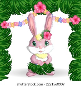 Cute rabbit, hare in Hawaiian clothes dancing hula. Wreath and garland of flowers, beach, vacation, vacation concept. Symbol of 2023