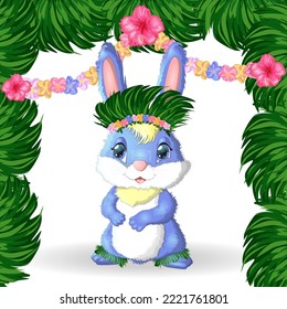 Cute rabbit, hare in Hawaiian clothes dancing hula. Wreath and garland of flowers, beach, vacation, vacation concept. Symbol of 2023