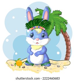 Cute rabbit, hare in Hawaiian clothes dancing hula. Wreath and garland of flowers, beach, vacation, vacation concept. Symbol of 2023