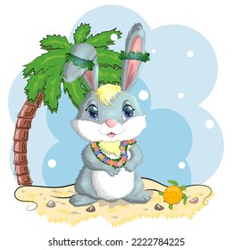 Cute rabbit, hare in Hawaiian clothes dancing hula. Wreath and garland of flowers, beach, vacation, vacation concept. Symbol of 2023