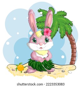 Cute rabbit, hare in Hawaiian clothes dancing hula. Wreath and garland of flowers, beach, vacation, vacation concept. Symbol of 2023
