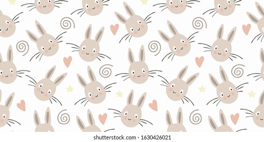 Cute rabbit, hare head with hearts, asterisks and doodles, geometric seamless pattern on a white background, cartoon vector. Pattern for printing on children's fabrics and textiles, festive