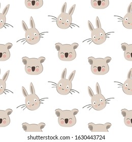 Cute rabbit, hare head and koala bear head, geometric seamless pattern on a white background, cartoon vector. Pattern for printing on children's fabrics and textiles, festive and packaging, wallpaper