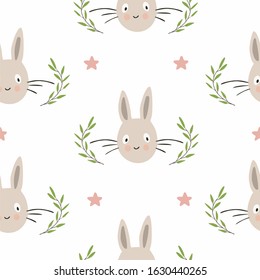 Cute rabbit, hare head with sprigs of greenery and stars, geometric seamless pattern on a white background, cartoon vector. Pattern for printing on children's fabrics and textiles, festive.