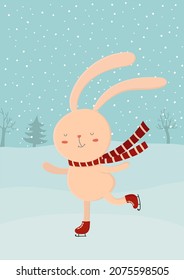 Cute rabbit or hare is scating. Christmas illustration. Winter cold snow season. Vector nature landscape. For poster, greeting card, invitation, print, illustration, banner. Simple vector illustration