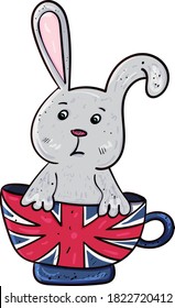 Cute Rabbit or Hare sitting in mug with the British Flag. Vector illustration for children
