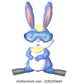 Cute rabbit, hare in a summer hat and swim ring, flippers. Beach, holiday, vacation concept. Symbol of 2023