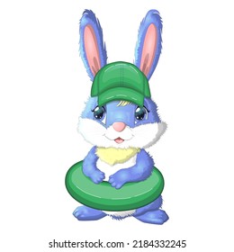 Cute rabbit, hare in a summer hat and swim ring, flippers. Beach, holiday, vacation concept. Symbol of 2023