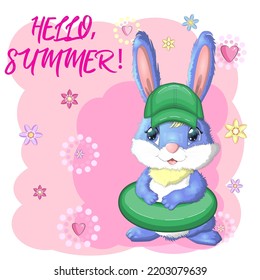 Cute rabbit, hare in a summer hat and swim ring, flippers. Beach, holiday, vacation concept. Symbol of 2023