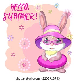 Cute rabbit, hare in a summer hat and swim ring, flippers. Beach, holiday, vacation concept. Symbol of 2023