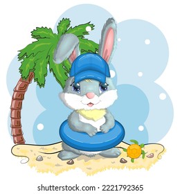 Cute rabbit, hare in a summer hat and swim ring, flippers. Beach, holiday, vacation concept. Symbol of 2023